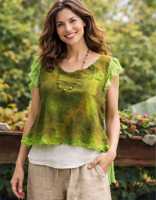 Almazöld selyem-nemez felső